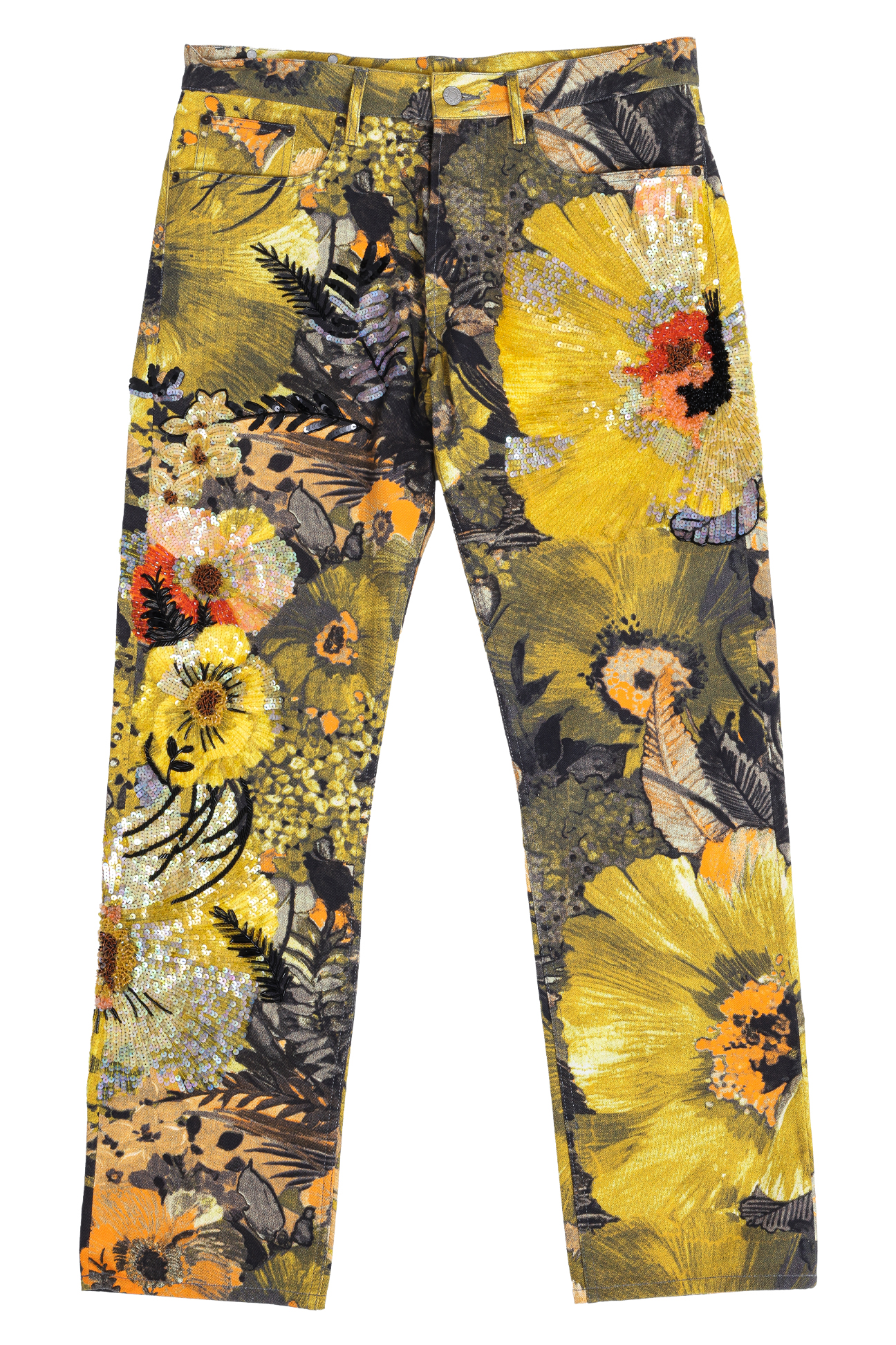 DRIES VAN NOTEN - A PAIR OF YELLOW FLORAL SEQUIN-EMBELLISHED TROUSERS