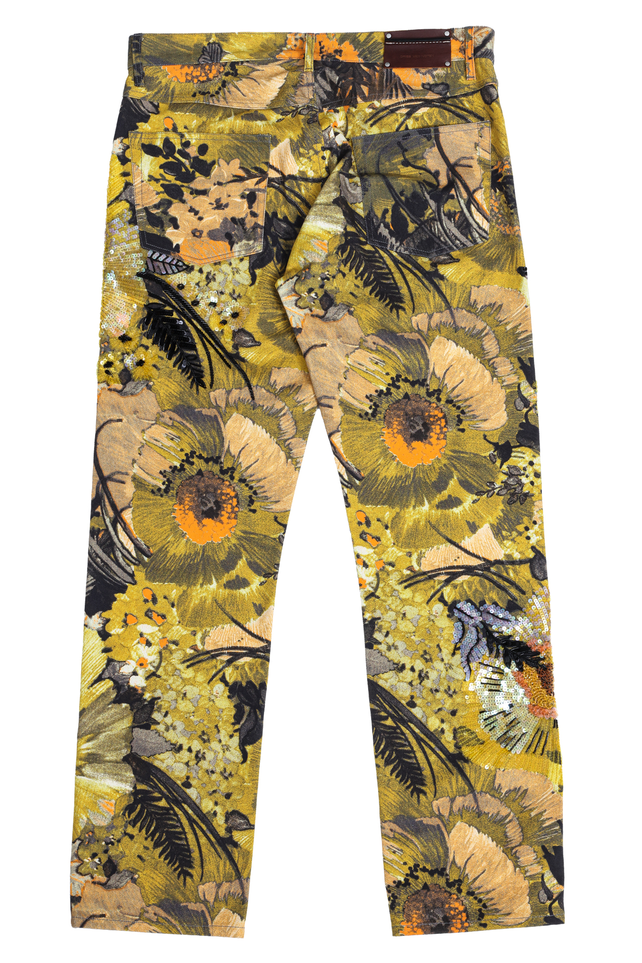 DRIES VAN NOTEN - A PAIR OF YELLOW FLORAL SEQUIN-EMBELLISHED TROUSERS - Image 3 of 3