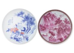 TWO CHINESE PORCELAIN PLATES WITH LANDSCAPE AND BIRD DECORATION