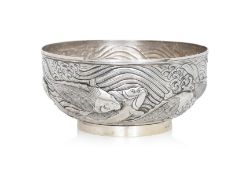 A JAPANESE SILVER REPOUSSE KOI BOWL
