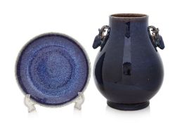 A FLAMBE-GLAZED HU-FORM VASE AND A DISH