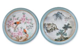 TWO BLUE-GLAZED FAMILLE ROSE SHALLOW BOWLS