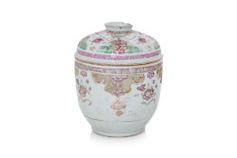 A LARGE POLYCHROME ENAMELLED BOWL AND COVER