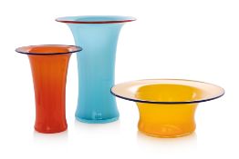 TWO DENIZEN GLASS STUDIO FLUTED VASES AND A BOWL