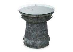 A LARGE BRONZE RAIN DRUM WITH GLASS TOP