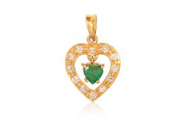 A HIGH KARAT GOLD EMERALD AND DIAMOND 'HEART' PENDANT