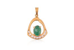 A HIGH KARAT GOLD EMERALD CABOCHON AND DIAMOND PENDANT