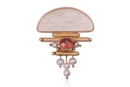 A PINK TOURMALINE, MOTHER OF PEARL AND CULTURED PEARL PENDANT