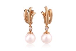 A PAIR OF AKOYA CULTURED PEARL AND DIAMOND STUD EARRINGS