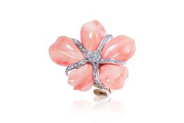 AN ITALIAN DIAMOND AND CORAL TWO TONE RING