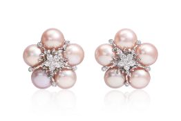 A PAIR OF FRESHWATER CULTURED PEARL AND DIAMOND EARRINGS