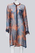 DRIES VAN NOTEN - A SEMI-SHEER ORANGE AND BLUE PAISLEY BUTTON-UP DRESS