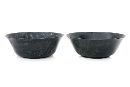 A PAIR OF LARGE SPINACH JADE BOWLS