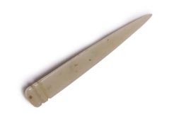 A CARVED JADE TRIANGULAR SECTION HAIRPIN