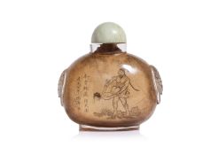 A LARGE CLEAR GLASS SNUFF BOTTLE WITH INSIDE-PAINTED EROTIC SCENE