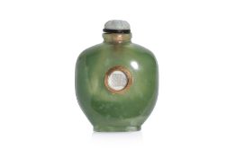 A GREEN SERPENTINE JADE SNUFF BOTTLE WITH MINIATURE INSCRIPTION