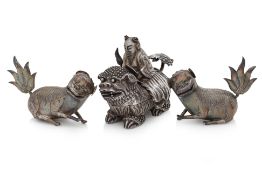A PAIR OF SILVER FOO LIONS AND AN IMMORTAL BOX AND COVER