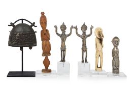 A GROUP OF SOUTH EAST ASIAN FIGURES AND A BRONZE BELL