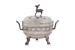 A SILVER FOOD WARMING VESSEL WITH INSERT AND COVER, DING