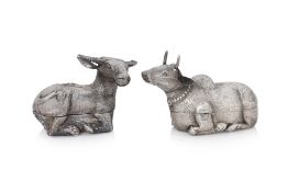 TWO SOUTHEAST ASIAN SILVER COW AND BUFFALO FORM BETEL BOXES