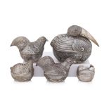 A GROUP OF FIVE BIRD-FORM SILVER BETEL BOXES AND COVERS