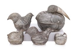 A GROUP OF FIVE BIRD-FORM SILVER BETEL BOXES AND COVERS