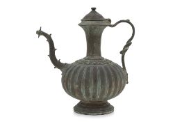 A MUGHAL BRASS AFTABA EWER WITH RIBBED BODY