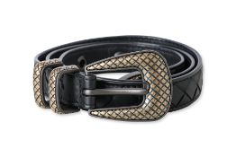 BOTTEGA VENETA - AN INTRECCIATO BLACK LEATHER BELT