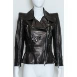 ALEXANDER MCQUEEN - A BLACK LEATHER MOTO JACKET WITH SILK LINING
