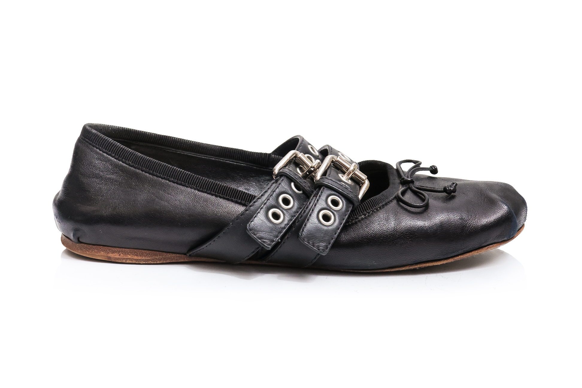 MIU MIU - A PAIR OF BLACK LEATHER BALLET FLATS WITH TWIN BUCKLE STRAPS - Image 2 of 3