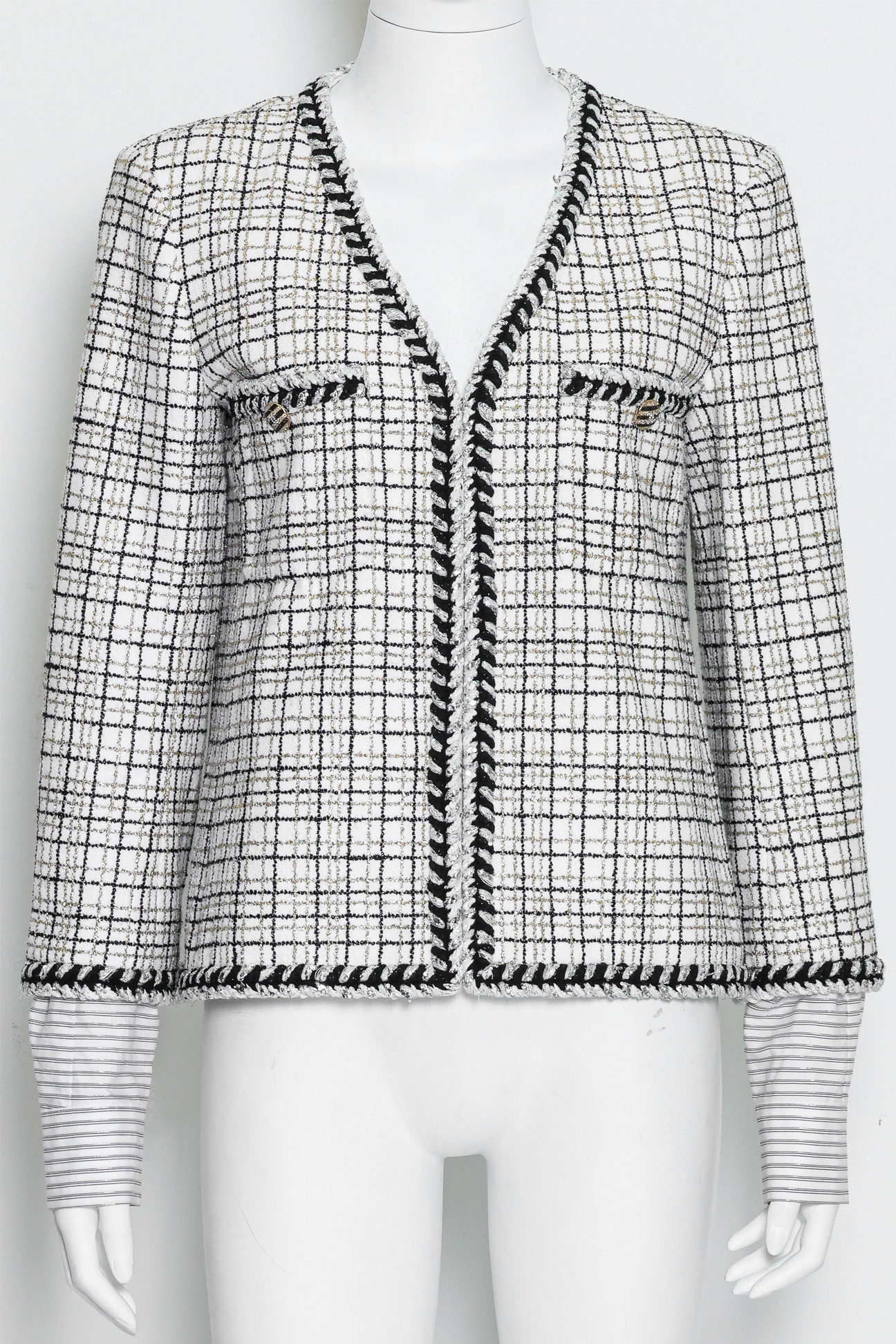 CHANEL - A 'FANTASY' TWEED PLUNGE NECK JACKET WITH CUFF INSERTS, RESORT 2024 LOOK 24