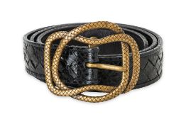 BOTTEGA VENETA - A BLACK LEATHER AND SNAKE SKIN BELT