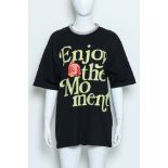 3.1 PHILLIP LIM - A BLACK 'ENJOY THE MOMENT' T-SHIRT WITH EMBELLISHED COLLAR
