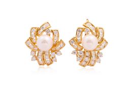 A PAIR OF AKOYA CULTURED PEARL AND DIAMOND EARRINGS