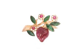 A RUBY AND JADE 'FRUITING BRANCH' BROOCH