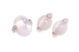 A MOONSTONE AND DIAMOND RING AND EARRINGS MATCHING SET