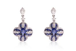 A PAIR OF BLUE SAPPHIRE AND DIAMOND EARRINGS