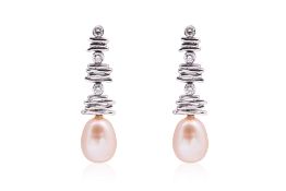 A PAIR OF FRESHWATER CULTURED PEARLS AND DIAMOND EARRINGS