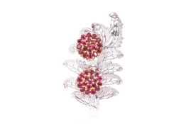 A RUBY CLUSTER EARRING AND DIAMOND BROOCH ADAPTATION