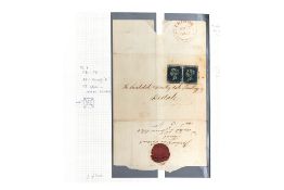 UNITED KINGDOM, COVER, 2p BLUE PAIR, 1841, RAY FLAWS, THIRSK