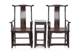 A PAIR OF CHINESE YOKE BACK HARDWOOD ARMCHAIRS AND SIDE TABLE
