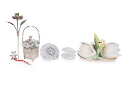 A GROUP OF ASSORTED DECORATIVE SILVER, PORCELAIN AND GLASS OBJECTS
