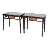 A PAIR OF FAUX BAMBOO HARDWOOD SIDE TABLES