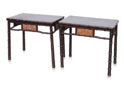 A PAIR OF FAUX BAMBOO HARDWOOD SIDE TABLES