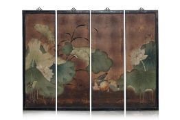 A SET OF FOUR 'MANDARIN DUCKS AND LOTUS' LACQUERED AND PAINTED PANELS