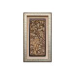 A MOUNTED CARVED GILT AND LACQUERED WOOD PANEL