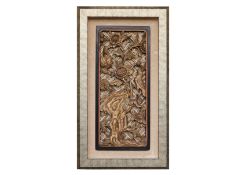 A MOUNTED CARVED GILT AND LACQUERED WOOD PANEL
