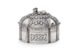 A SOUTH ASIAN SILVER BOX WITH LION FINIAL