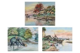 MAUNG LAR BAN (BURMESE 1910) - THREE LANDSCAPE STUDIES