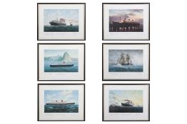 A SET OF SIX MARITIME PRINTS OF FAMOUS CUNARD OCEAN LINERS